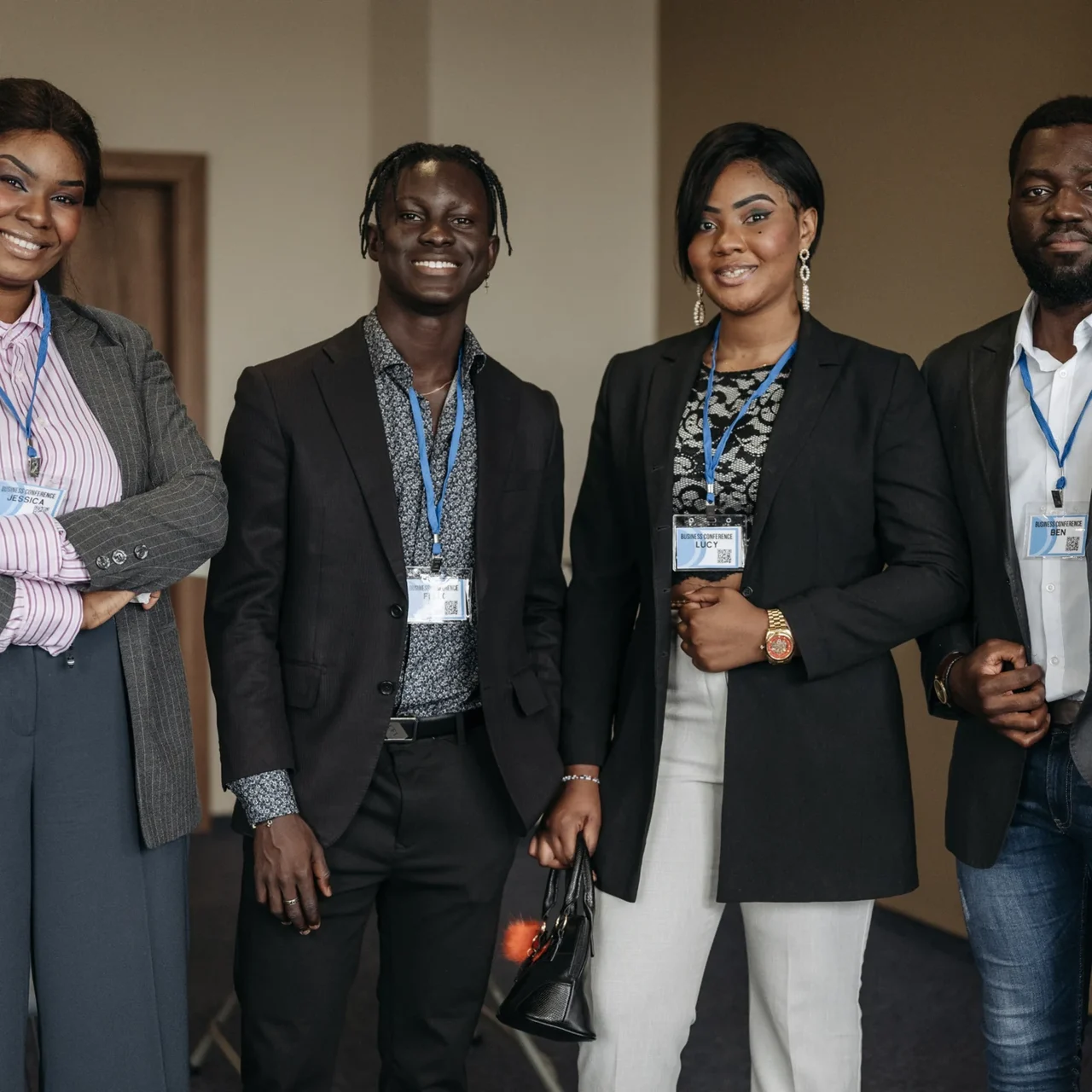 Colleagues networking at an event.