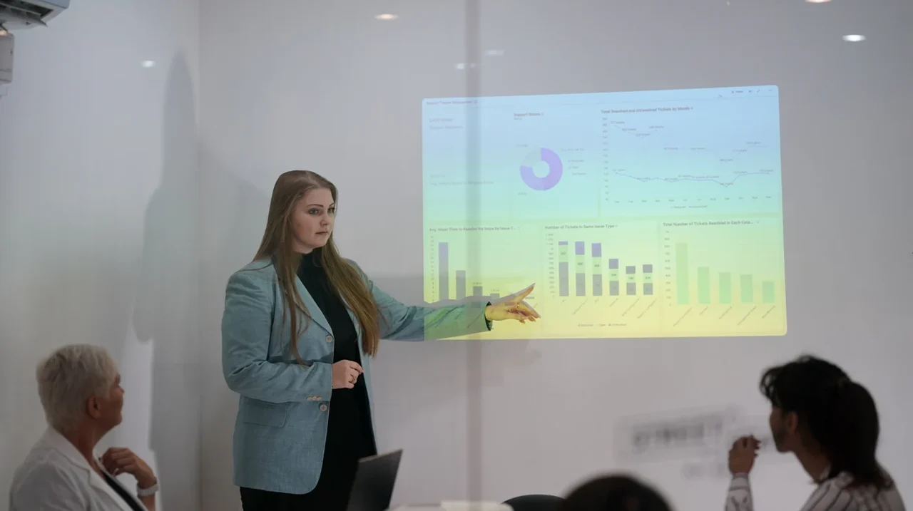 Professional presenting charts to a group.