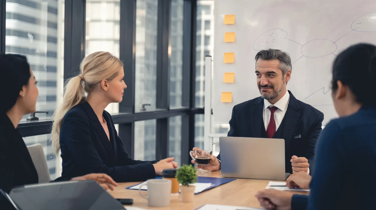 Colleagues meeting around a table.