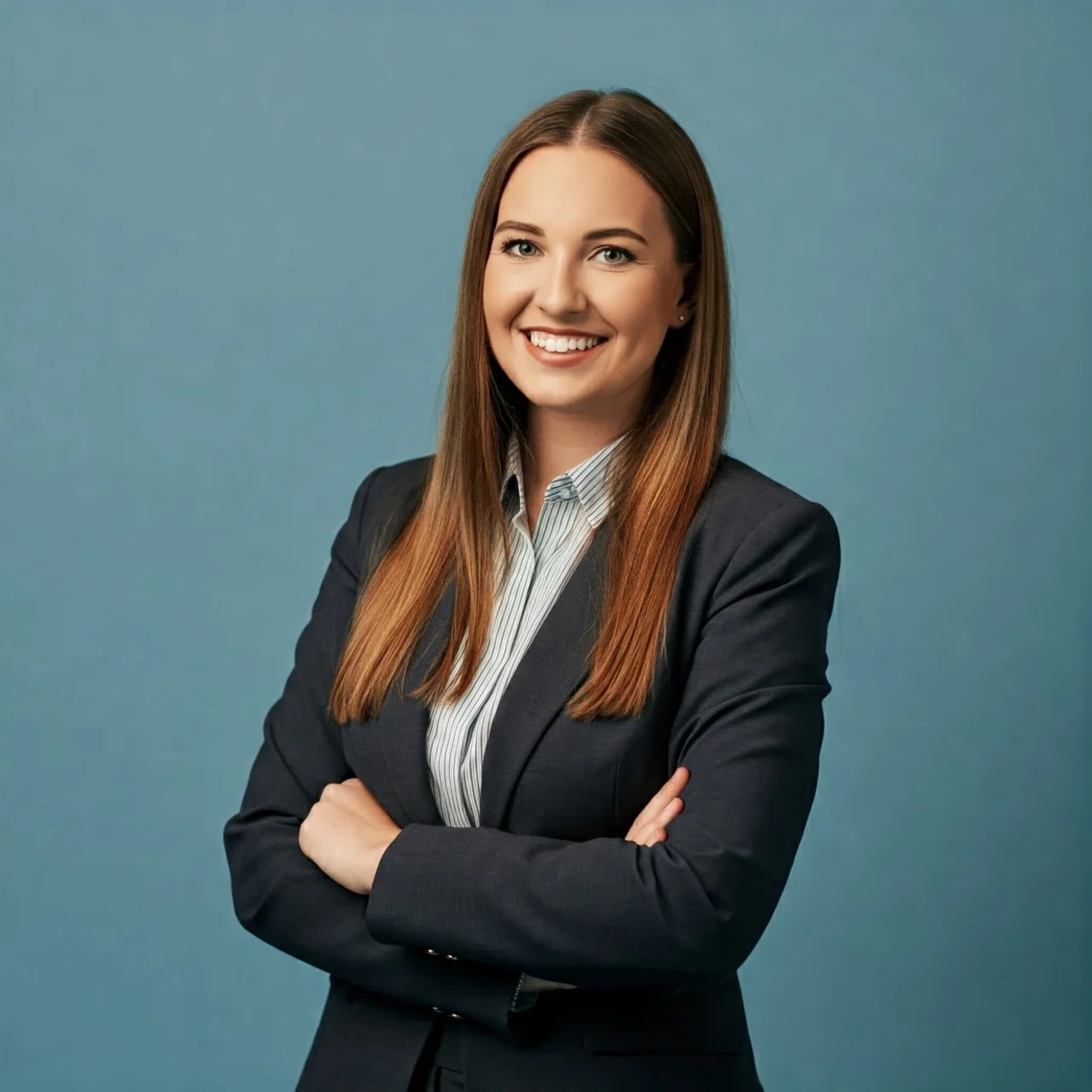 Professional in a dark suit against a blue background.