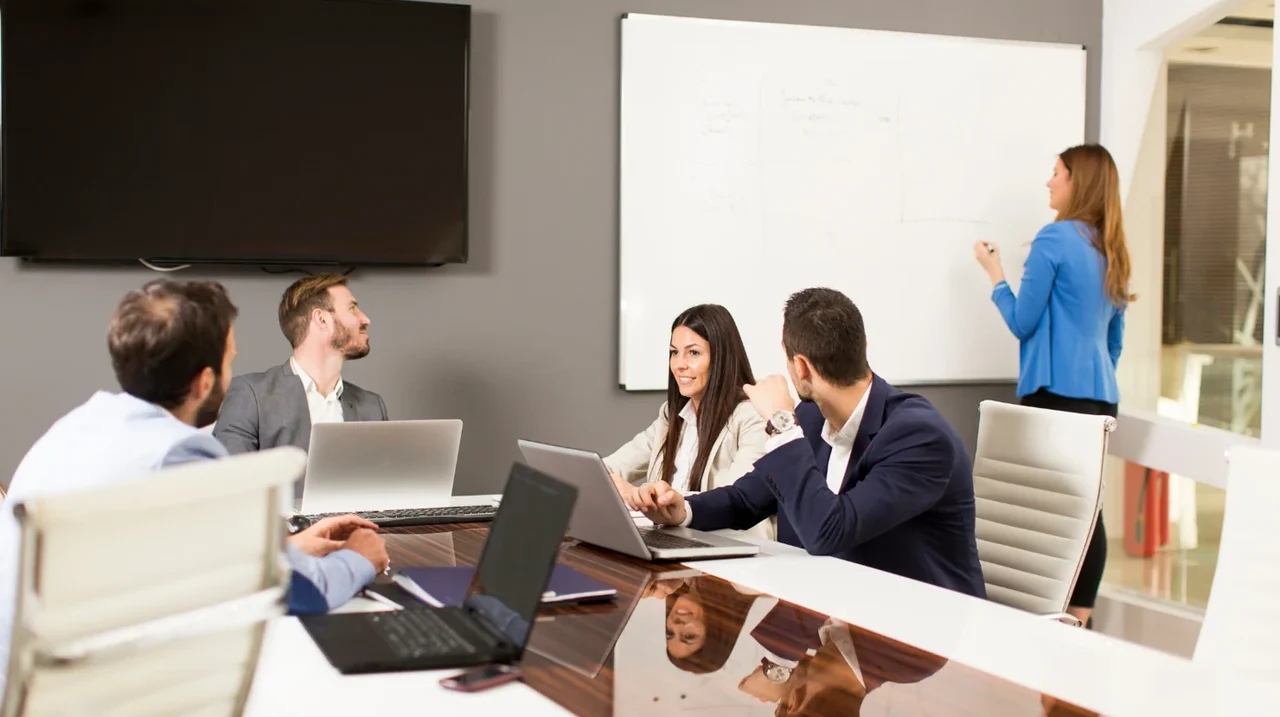 Professional presenting to seated colleagues.