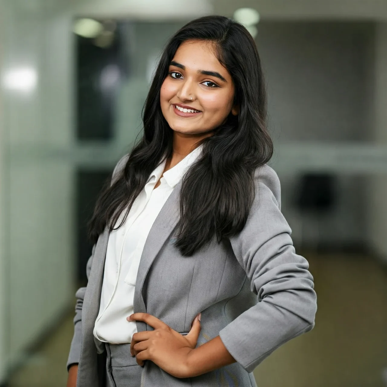 Professional smiling in an office.