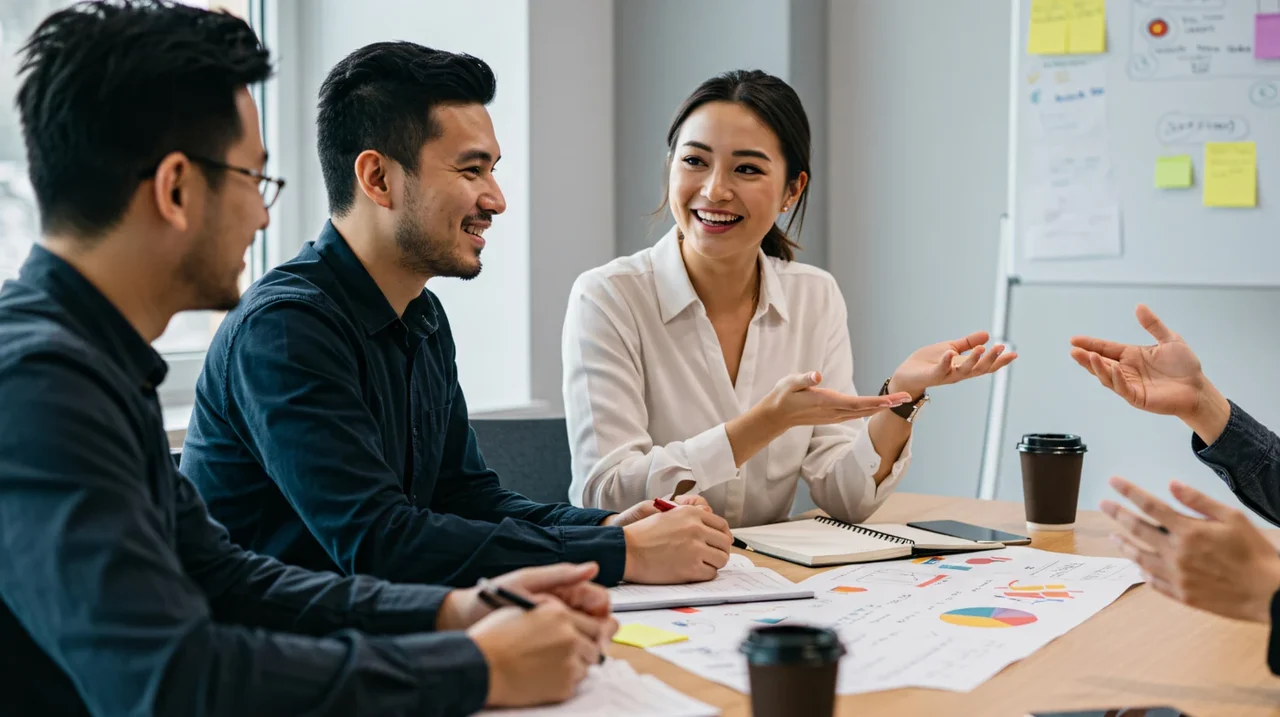 Colleagues smiling during a team discussion.