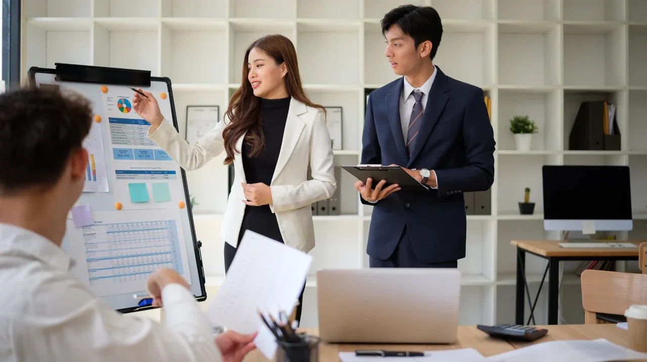 Two colleagues presenting a chart to a team.
